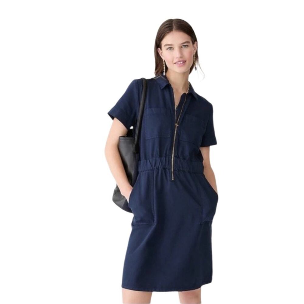 J.Crew Dress Women Blue Navy Half Front Zip Chino Utility Dress Size 4